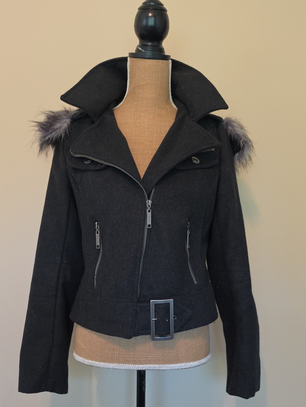 Jou Jou Black Wool-Blend Moto Jacket with Faux Fur Trim